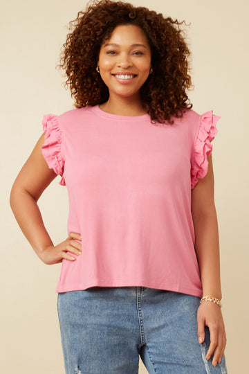 HY6738 Pink Womens Layered Ruffle Mix Media Ribbed Knit Tank Front